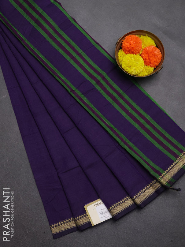 Narayanpet cotton saree violet with plain body and temple design thread woven border