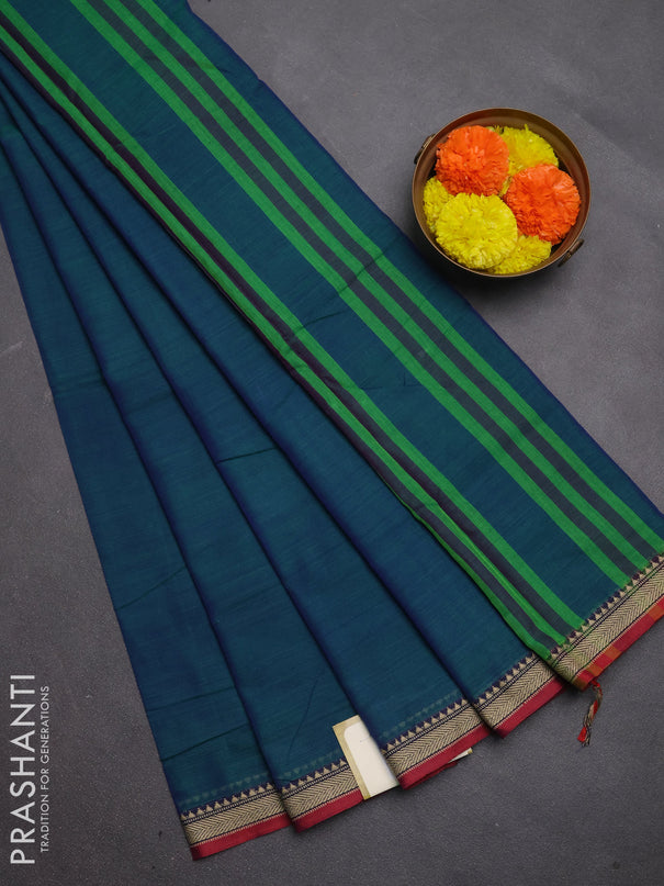 Narayanpet cotton saree dual shade of bluish green and maroon with plain body and temple design thread woven border