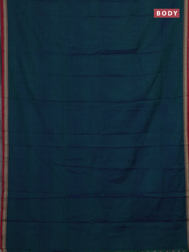 Narayanpet cotton saree dual shade of bluish green and maroon with plain body and temple design thread woven border