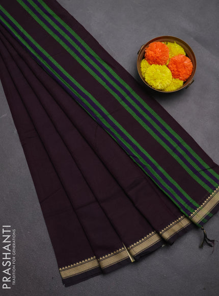 Narayanpet cotton saree deep wine with plain body and temple design thread woven border