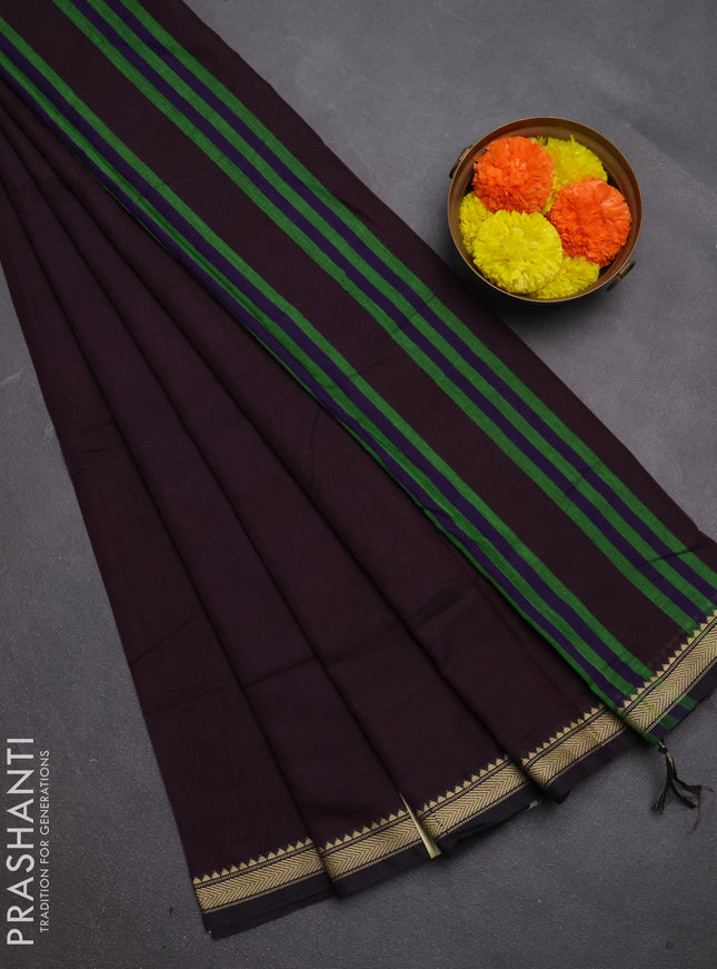 Narayanpet cotton saree deep wine with plain body and temple design thread woven border