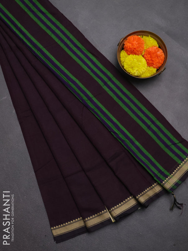 Narayanpet cotton saree deep wine with plain body and temple design thread woven border