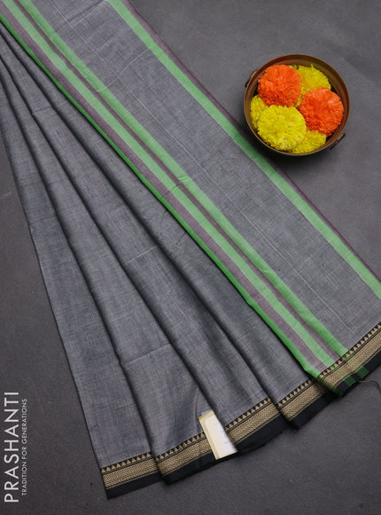 Narayanpet cotton saree grey and black with plain body and temple design thread woven border