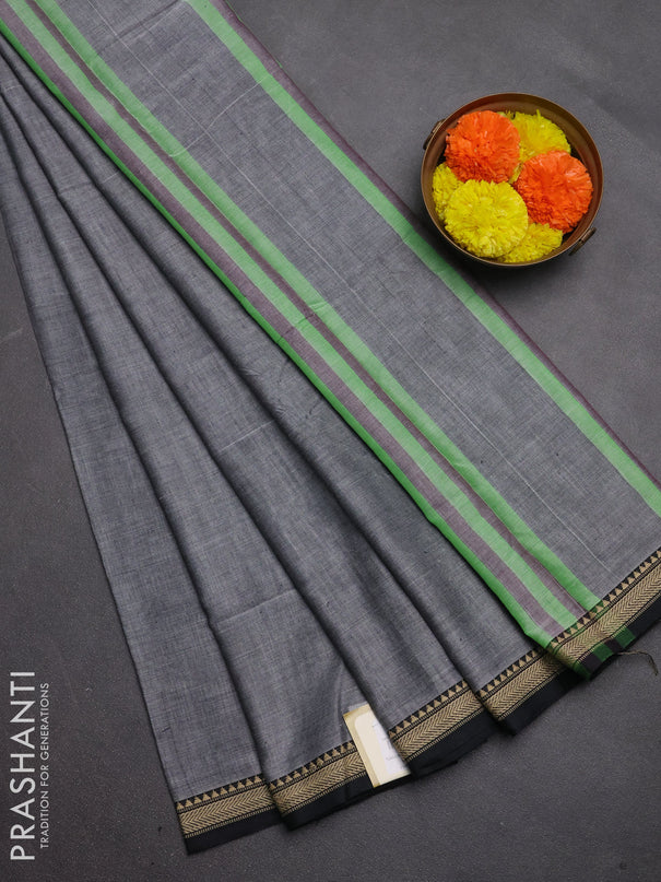 Narayanpet cotton saree grey and black with plain body and temple design thread woven border