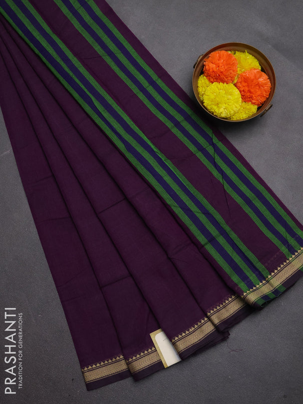 Narayanpet cotton saree deep purple with plain body and temple design thread woven border