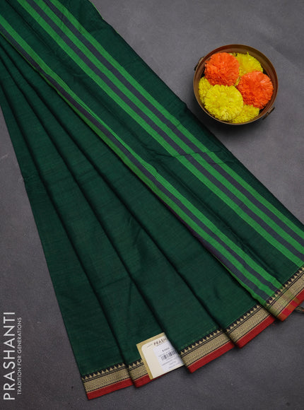 Narayanpet cotton saree green and maroon with plain body and temple design thread woven border