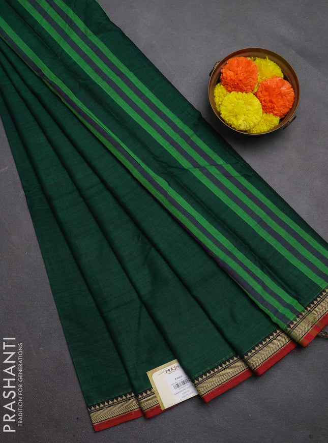 Narayanpet cotton saree green and maroon with plain body and temple design thread woven border