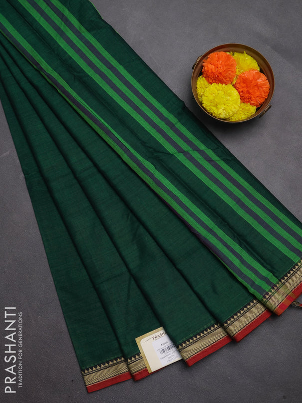 Narayanpet cotton saree green and maroon with plain body and temple design thread woven border