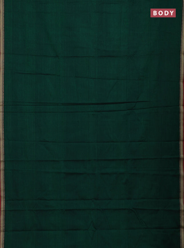 Narayanpet cotton saree green and maroon with plain body and temple design thread woven border