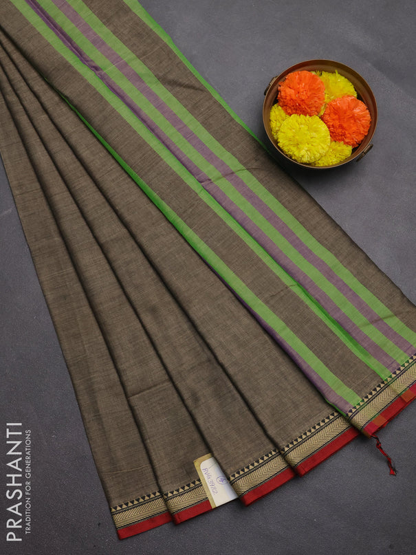 Narayanpet cotton saree chiku shade and maroon with plain body and temple design thread woven border