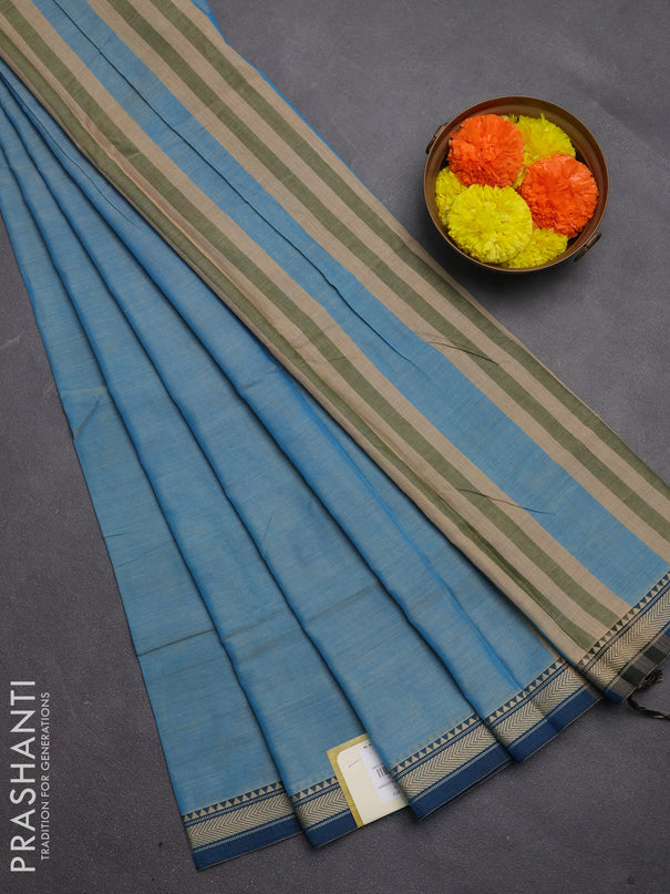 Narayanpet cotton saree light blue and peacock blue with plain body and temple design thread woven border