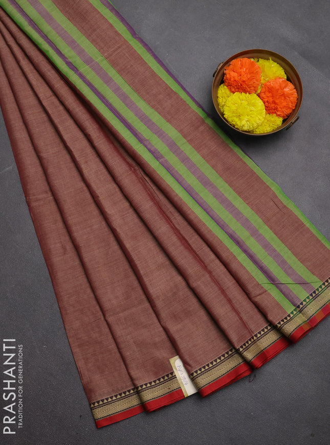 Narayanpet cotton saree red shade with plain body and temple design thread woven border