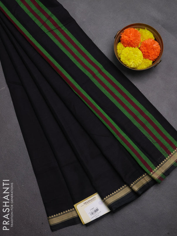 Narayanpet cotton saree black with plain body and temple design thread woven border