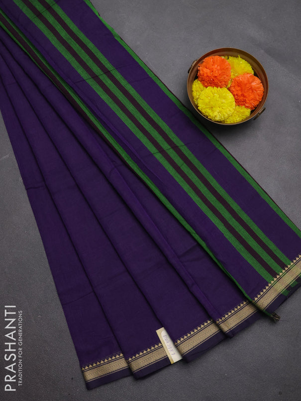 Narayanpet cotton saree violet with plain body and temple design thread woven border