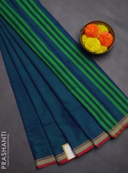 Narayanpet cotton saree dual shade of bluish green and maroon with plain body and temple design thread woven border