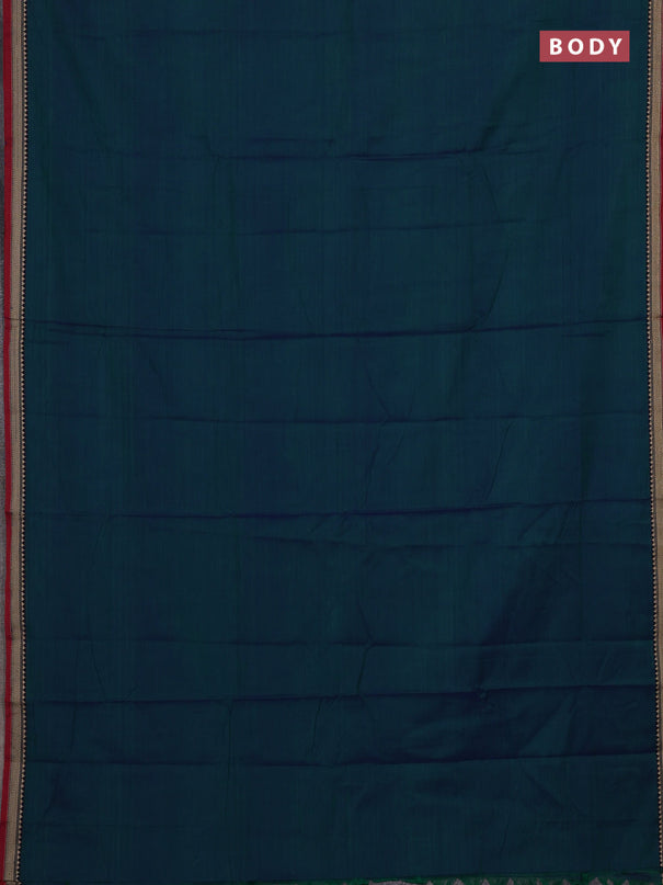 Narayanpet cotton saree dual shade of bluish green and maroon with plain body and temple design thread woven border