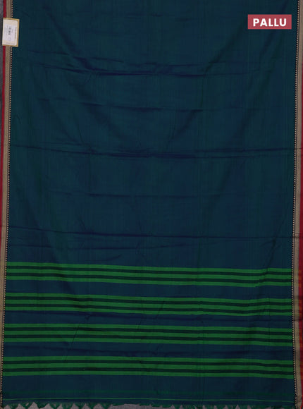 Narayanpet cotton saree dual shade of bluish green and maroon with plain body and temple design thread woven border