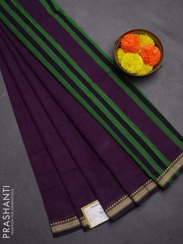Narayanpet cotton saree purple with plain body and temple design thread woven border