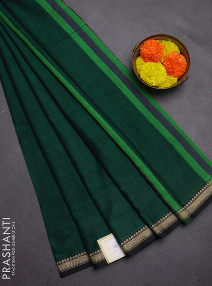 Narayanpet cotton saree green and black with plain body and temple design thread woven border