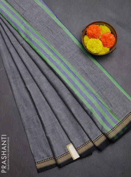 Narayanpet cotton saree grey and black with plain body and temple design thread woven border