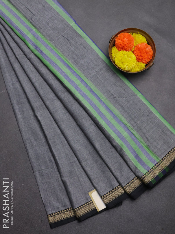 Narayanpet cotton saree grey and black with plain body and temple design thread woven border