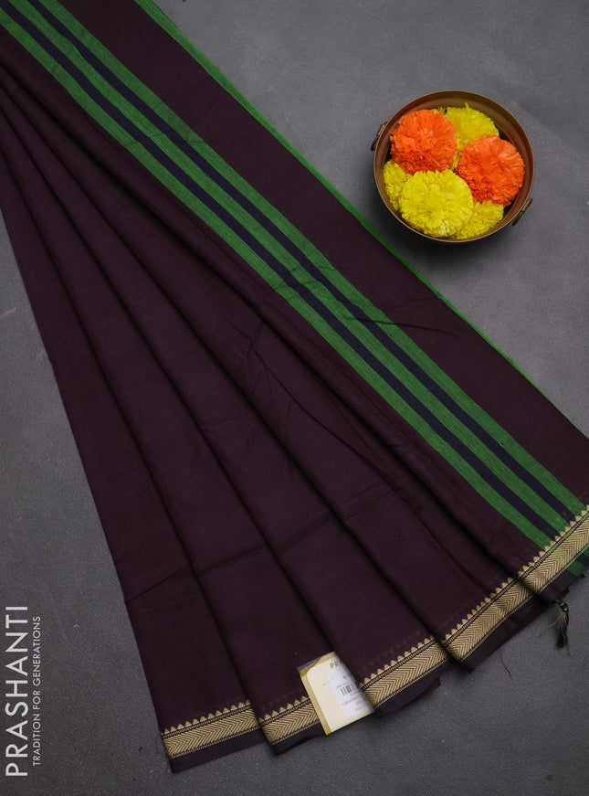 Narayanpet cotton saree deep wine with plain body and temple design thread woven border