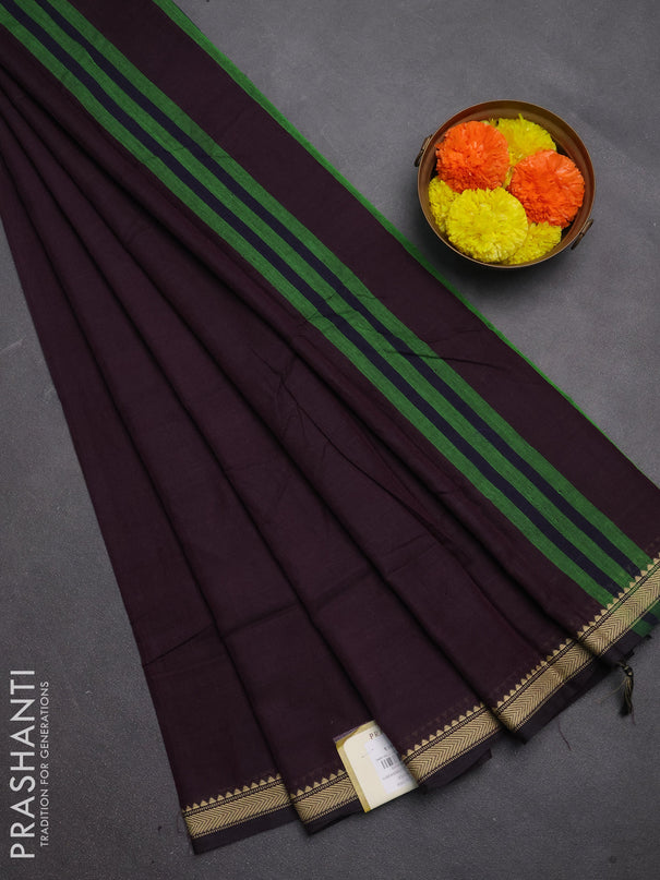 Narayanpet cotton saree deep wine with plain body and temple design thread woven border
