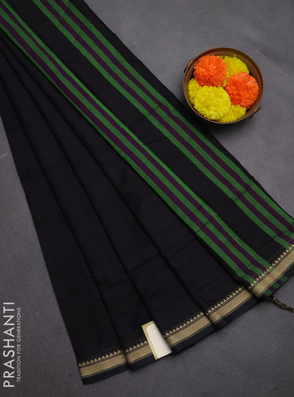 Narayanpet cotton saree black with plain body and temple design thread woven border