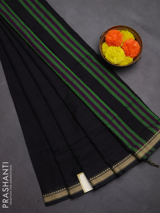 Narayanpet cotton saree black with plain body and temple design thread woven border