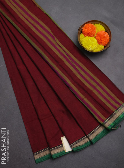 Narayanpet cotton saree maroon and green with plain body and temple design thread woven border