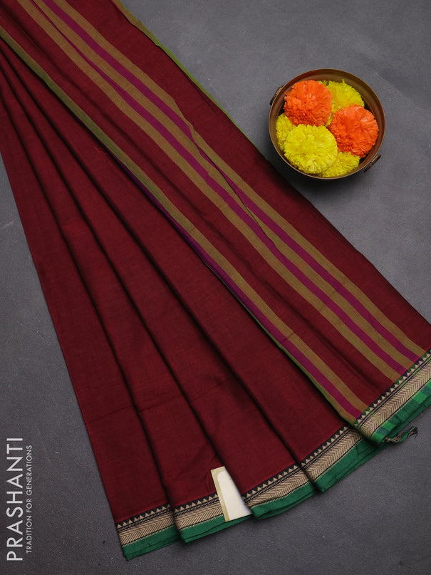 Narayanpet cotton saree maroon and green with plain body and temple design thread woven border