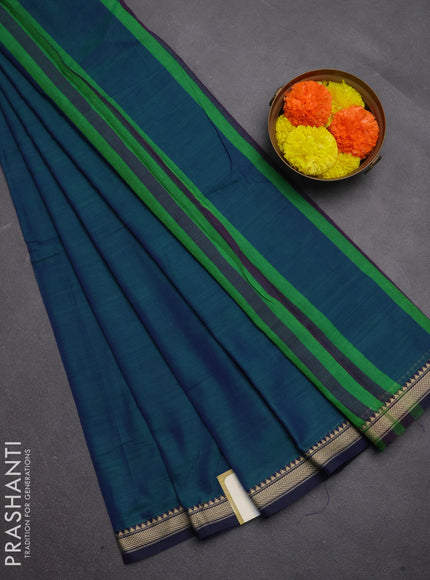 Narayanpet cotton saree dual shade of bluish green and navy blue with plain body and temple design thread woven border