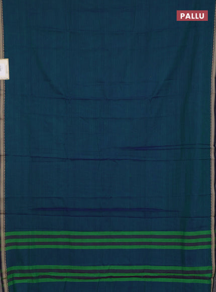 Narayanpet cotton saree dual shade of bluish green and navy blue with plain body and temple design thread woven border