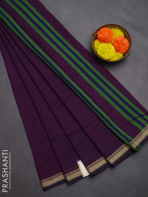 Narayanpet cotton saree deep purple with plain body and temple design thread woven border