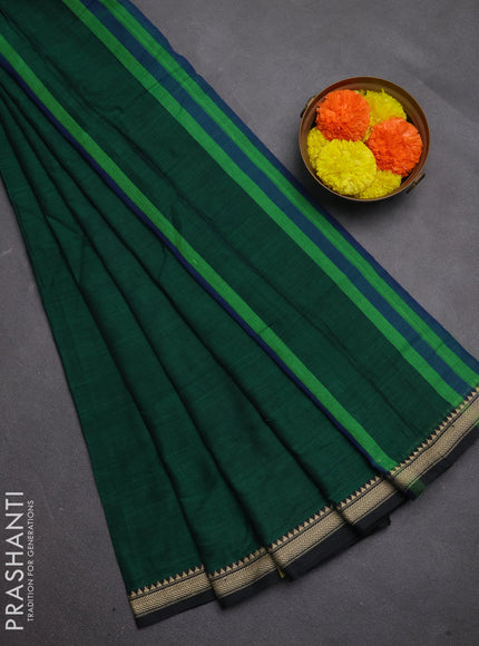 Narayanpet cotton saree green and black with plain body and temple design thread woven border