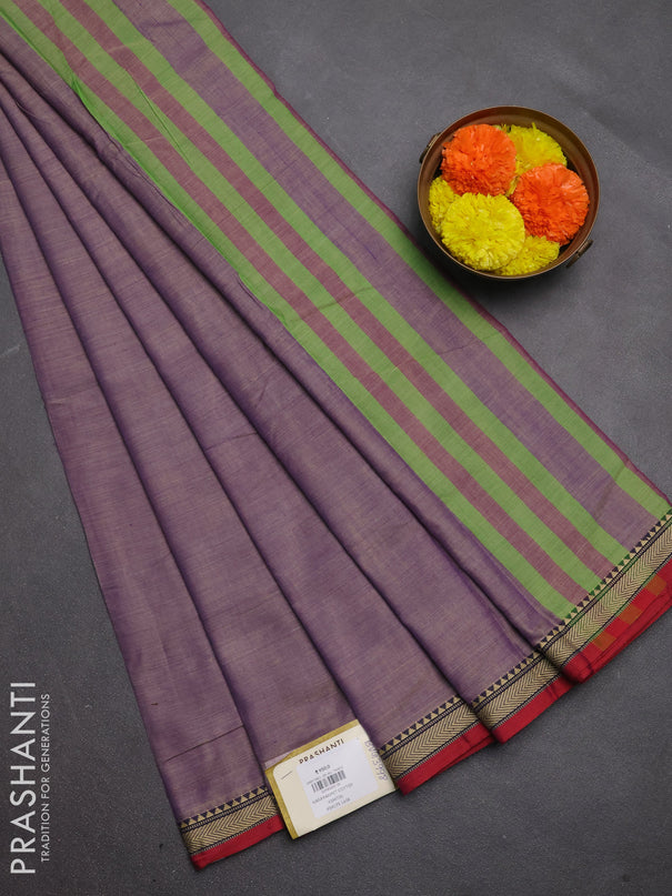 Narayanpet cotton saree dual shade of purple and maroon with plain body and temple design thread woven border