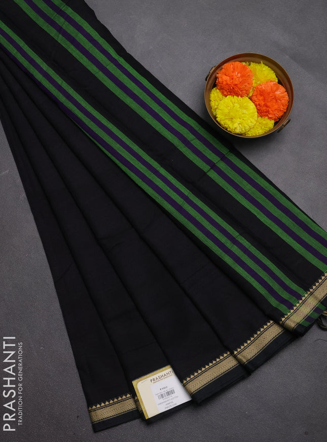 Narayanpet cotton saree black with plain body and temple design thread woven border