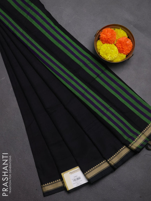 Narayanpet cotton saree black with plain body and temple design thread woven border