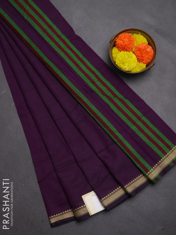 Narayanpet cotton saree purple with plain body and temple design thread woven border
