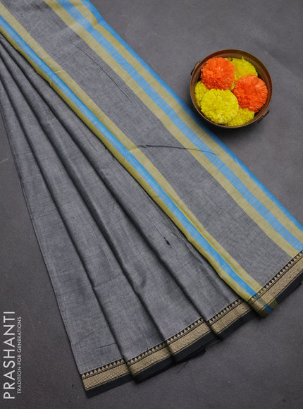 Narayanpet cotton saree grey and black with plain body and temple design thread woven border