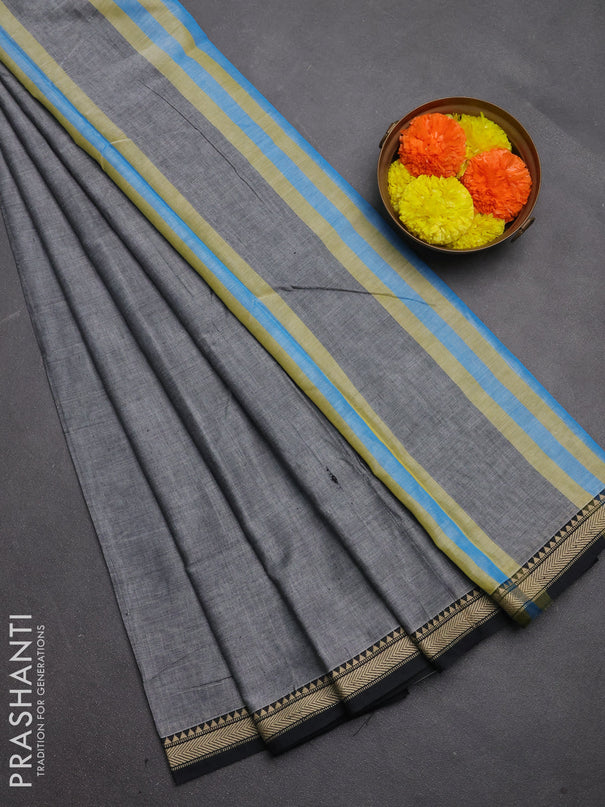 Narayanpet cotton saree grey and black with plain body and temple design thread woven border
