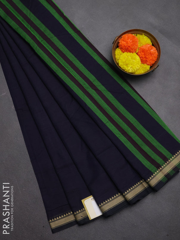 Narayanpet cotton saree navy blue with plain body and temple design thread woven border