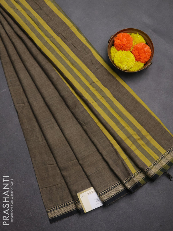 Narayanpet cotton saree chiku shade with plain body and temple design thread woven border