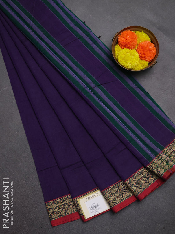 Narayanpet cotton saree violet and maroon with plain body and temple design thread woven border