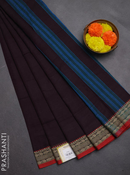 Narayanpet cotton saree deep wine and maroon with plain body and temple design thread woven border
