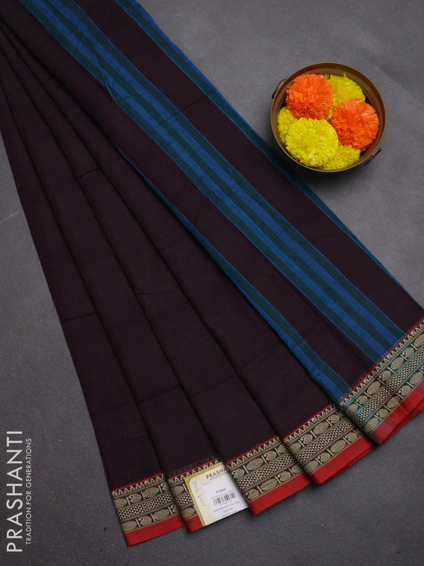 Narayanpet cotton saree deep wine and maroon with plain body and temple design thread woven border