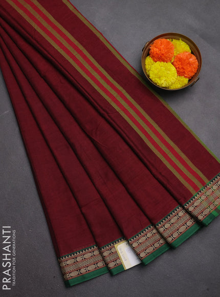 Narayanpet cotton saree maroon and green with plain body and temple design thread woven border