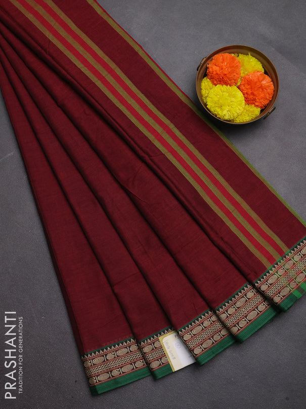 Narayanpet cotton saree maroon and green with plain body and temple design thread woven border