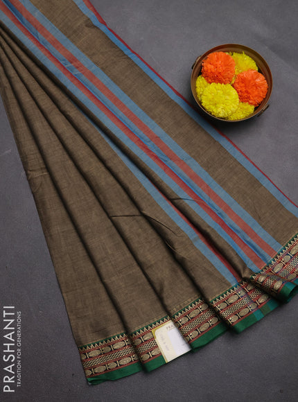 Narayanpet cotton saree chiku shade and green with plain body and temple design thread woven border