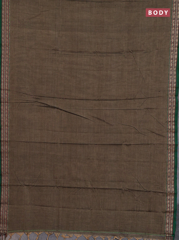 Narayanpet cotton saree chiku shade and green with plain body and temple design thread woven border